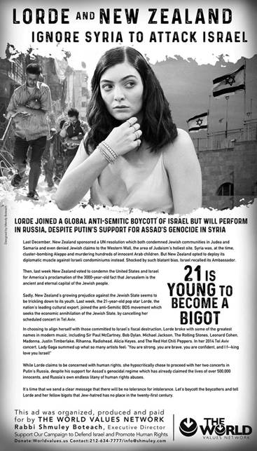 Une publicit dnonant la dcision de la chanteuse Lorde de boycotter Isral, paye par un rabbin amricain et diffuse par le Washington Post, illustrant la raction pidermique au mouvement BDS.